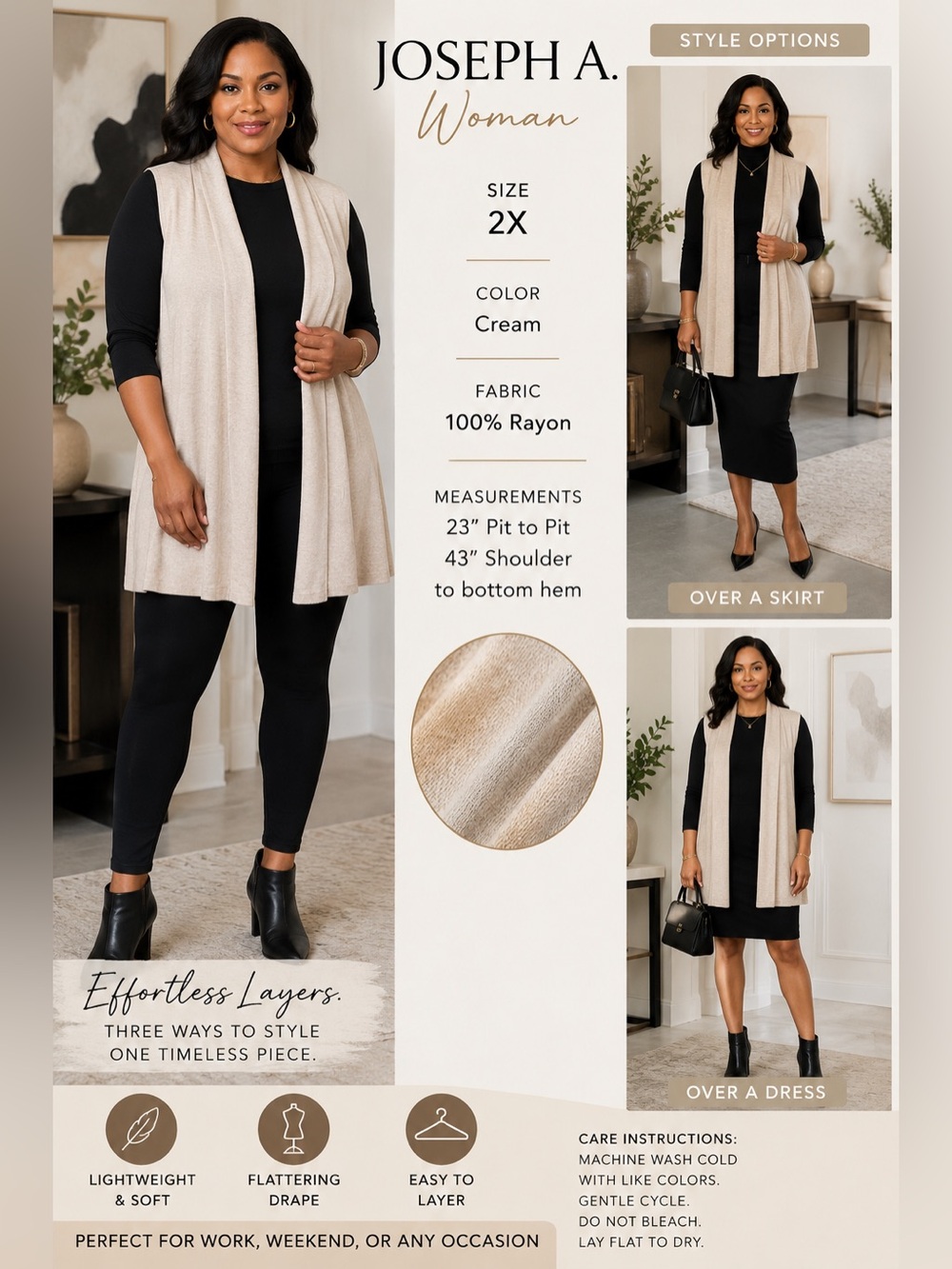 Open Front Sleeveless Duster/Ruana Size 2X Minimalist Cottagecore